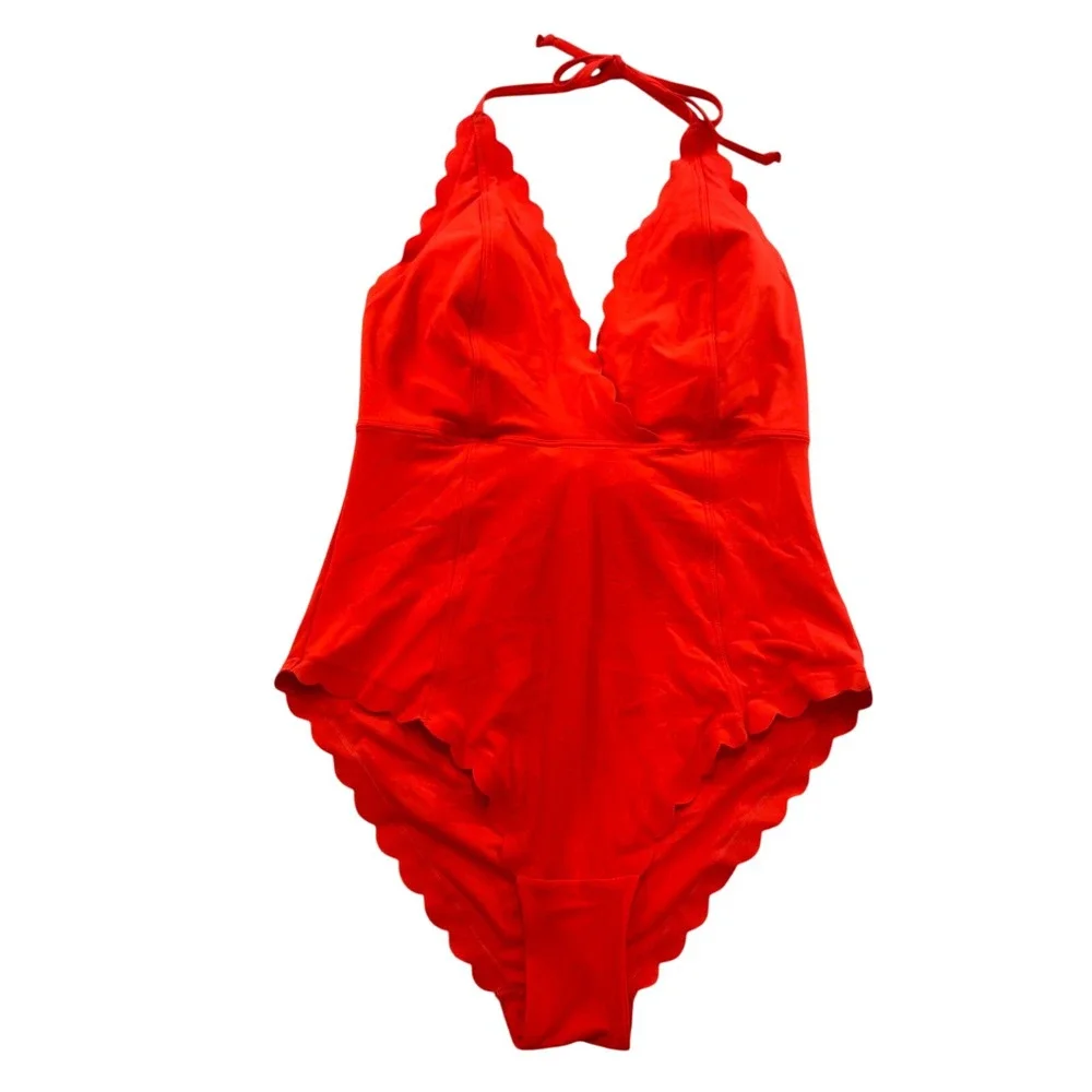 H&M Red Scalloped‎ Halter Neck One Piece Swimsuit V-Neck Beach Swimwear Sz 8